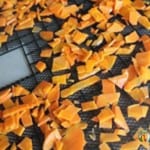 A dehydrator tray covered evenly with bright orange pieces of carrot.