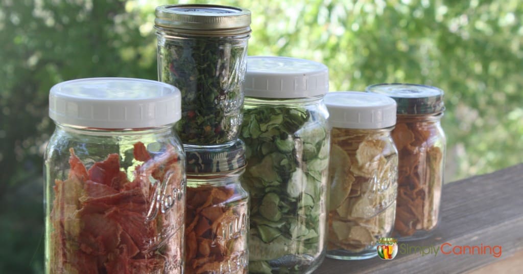 Jars of various dehydrated fruits and veggies.