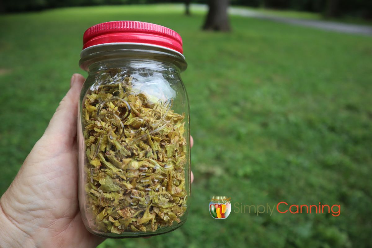 Hand holding jar of dehydrated peppers.