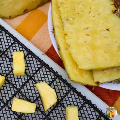 Sliced pineapple next to pineapple pieces on a mesh dehydrator tray.