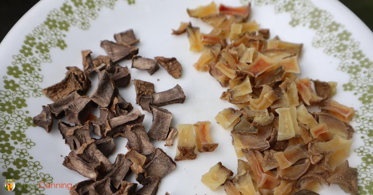 Gray dried potatoes on the left and golden dried potatoes on the right showing the difference blanching can make!