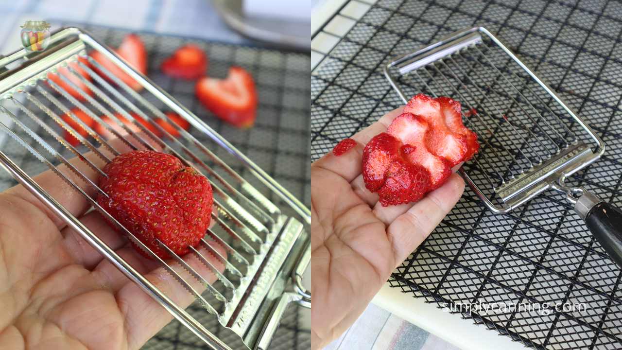 two images showing a tomato slicer cutting through a strawberry creating thin slices for drying. 