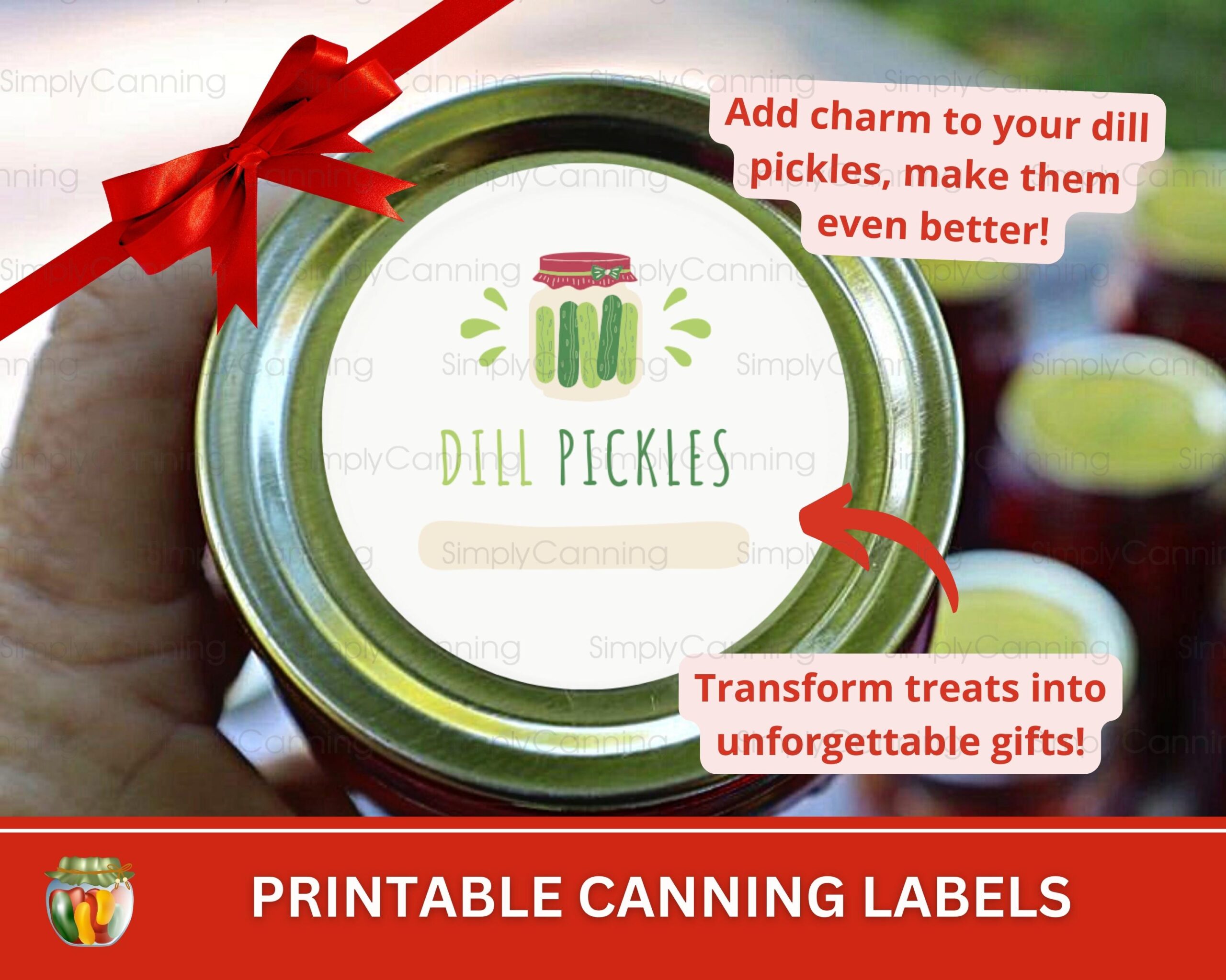 Image of dill pickles canning label, links to printable canning labels to purchase.