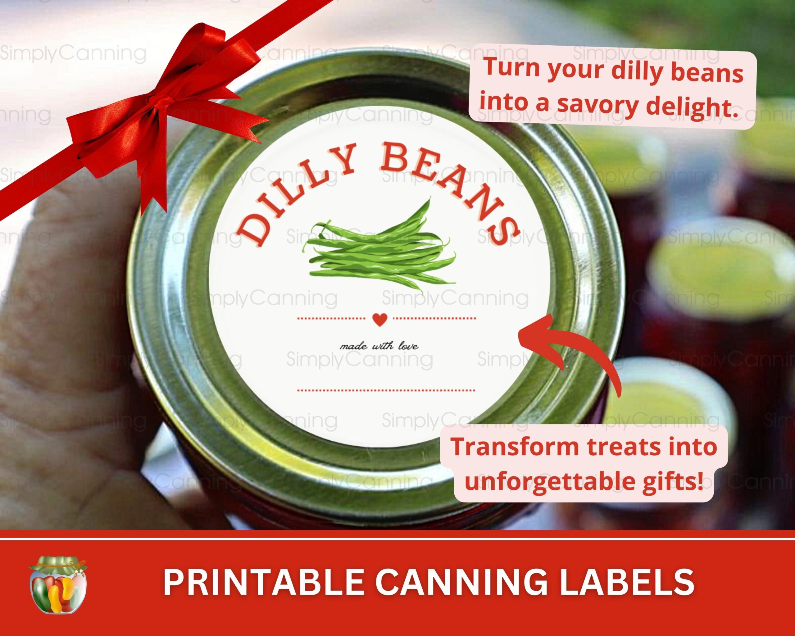 Image of dilly beans canning label, links to printable canning labels to purchase.