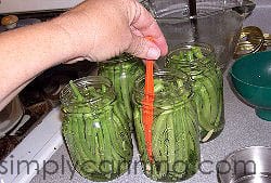 Using an orange peeler to remove bubbles from jars packed with beans.