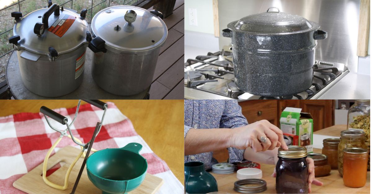 4 images showing a variety of canning equipment and supplies, canner, jars and hand tools.