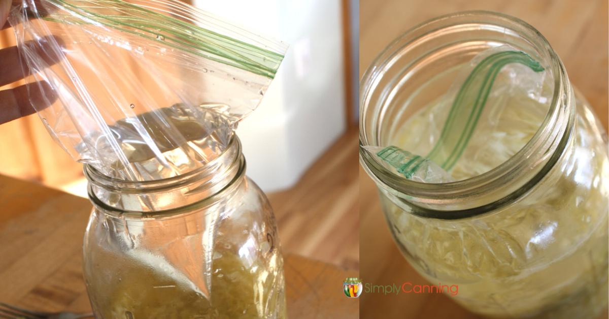 Side by side image of placing a brine filled bag in a jar of ferments, and the baggie in the jar. 