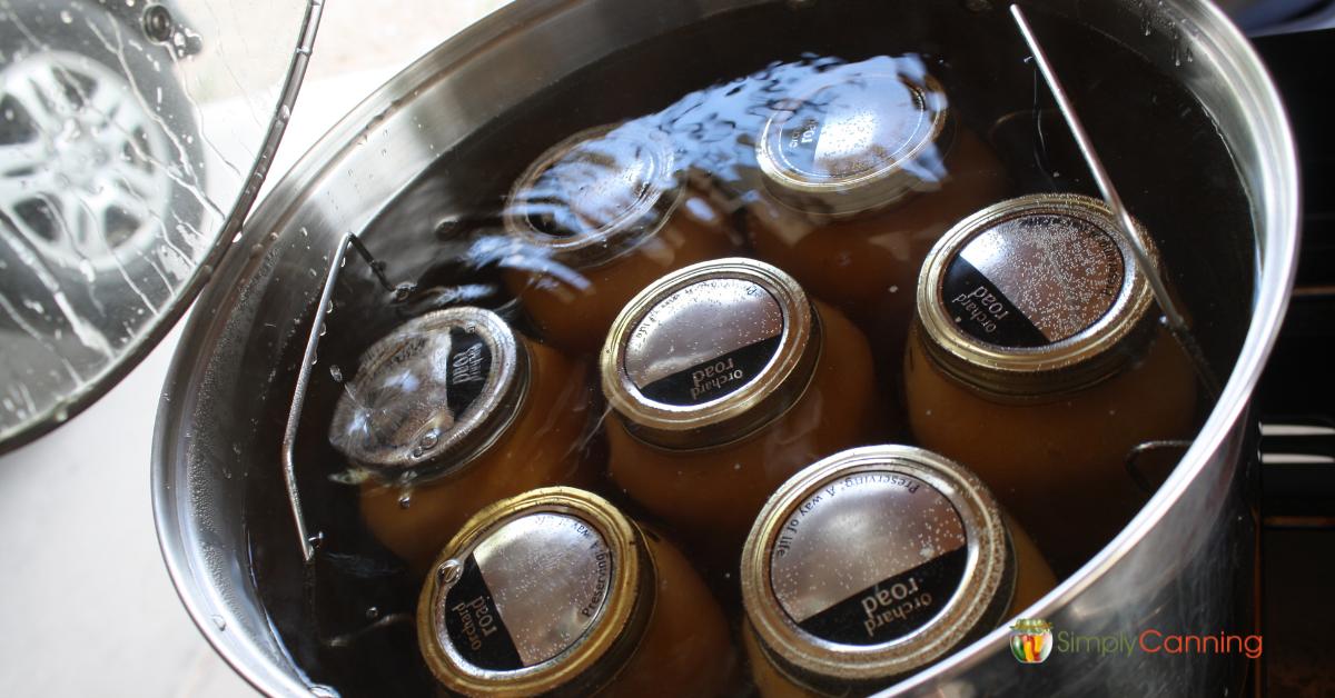 Top down close up of canning jars in a water bath canner.