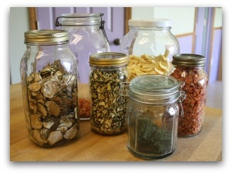 Various types of dehydrated foods in jars sitting on the countertop.