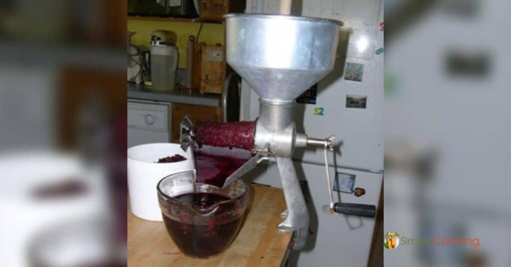 Squeezo food strainer attached to the countertop and being used to process fruit.