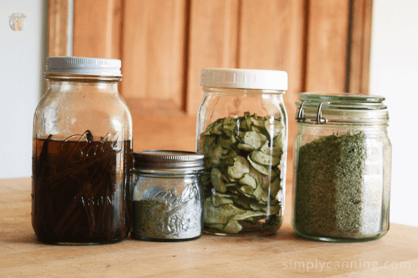 Various glass jars filled with dried and shelf stable food. 