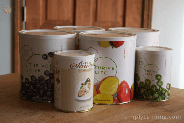 Various cans of Thrive Life freeze dried food.