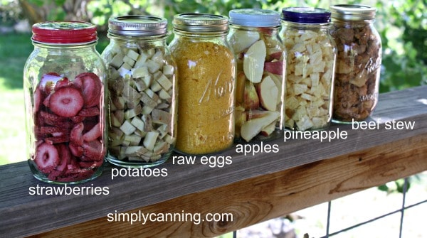 Freeze dried strawberries, potatoes, raw eggs, apples, pineapple, and beef stew stored in jars.