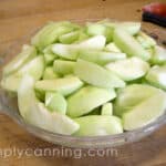 A pie plate filled with peeled and sliced apples.