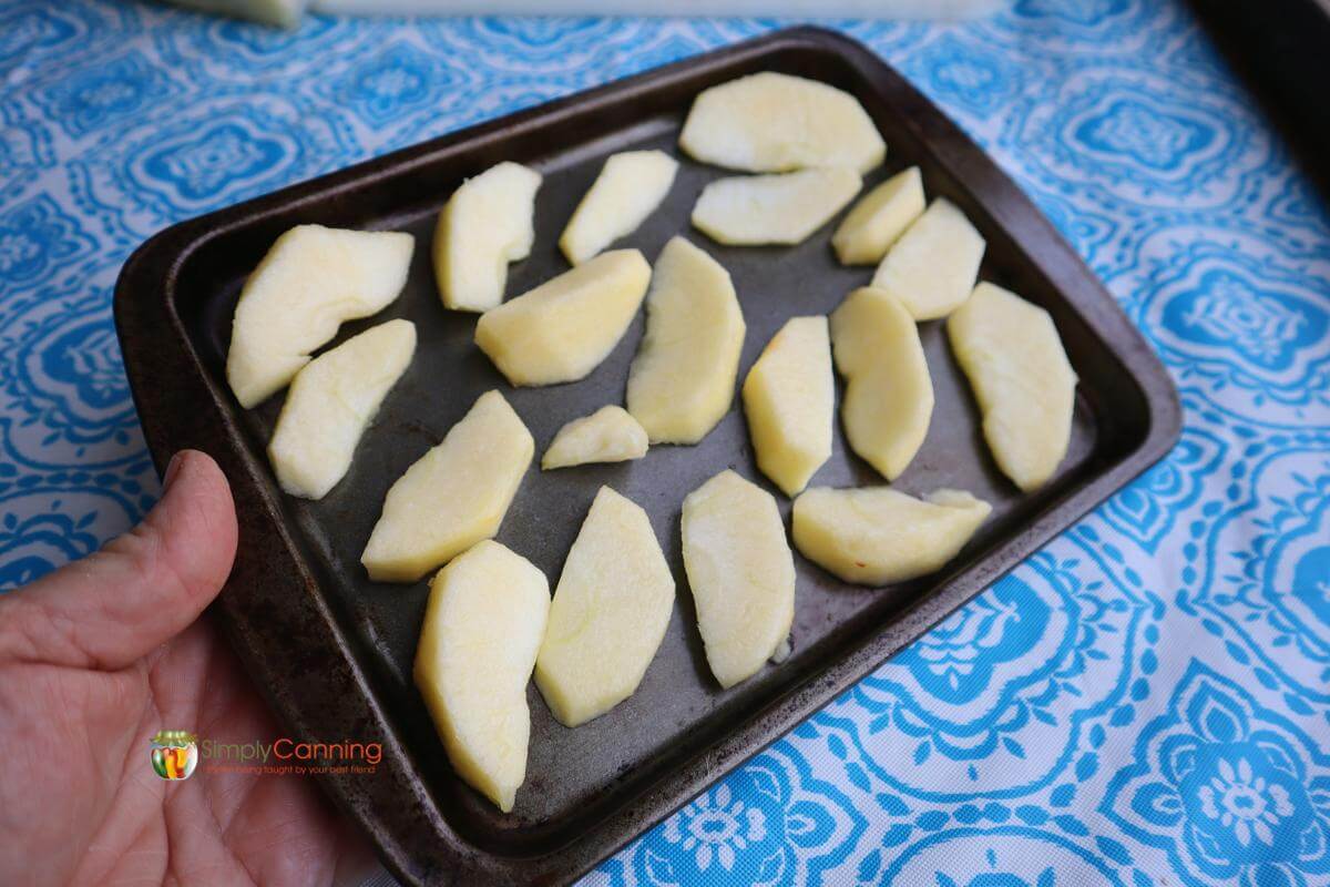 Apple slices laid out in a single layer on a small cookie sheet.