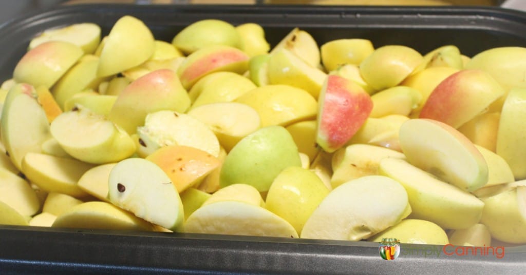 A big container of cored and quartered yellow apples.