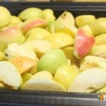 A big container of cored and quartered yellow apples.