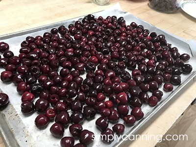A freezer paper lined cookie sheet with deep red cherries spread all over the top of it.