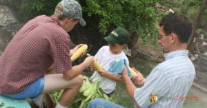 My husband and sons shucking corn in the yard.