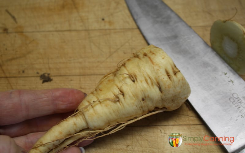 Chopping off the tips and stems of the parsnips.
