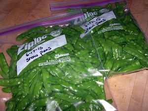 Freezer bags packed with blanched peas and labeled with the contents and date.