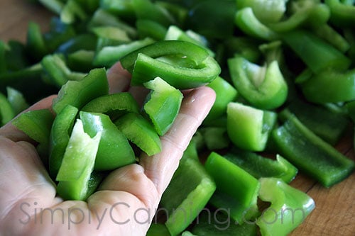 Holding large chunks of cut up green bell peppers.