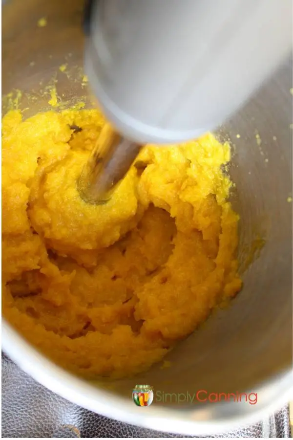 Using a stick blender to puree cooked pumpkin.