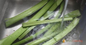 Washing big stalks of green rhubarb under running water in the sink.