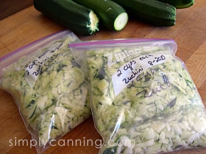 Freezer bags of chopped zucchini with whole zucchini sitting in the background.