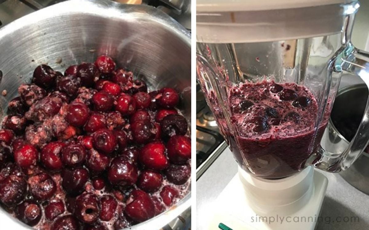 Cherries simmering in a pot and a blender with cherries ready to blend and make smooth for fruit leather.
