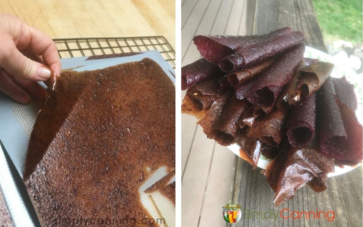 Dehydrated finished fruit leather being pulled off a silicone sheet and some strips rolled up ready for storage.