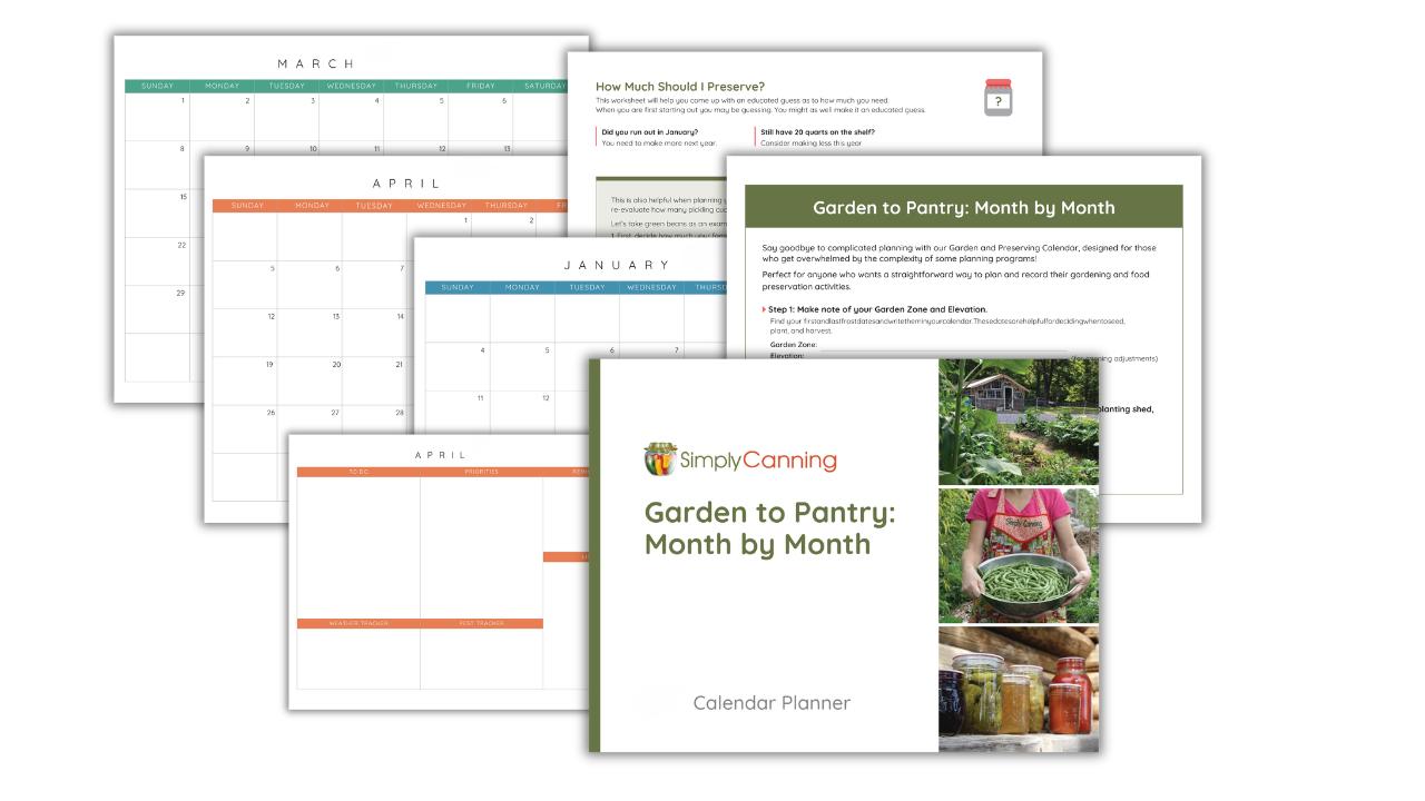 Mockup showing various pages of garden to pantry calendar planner.