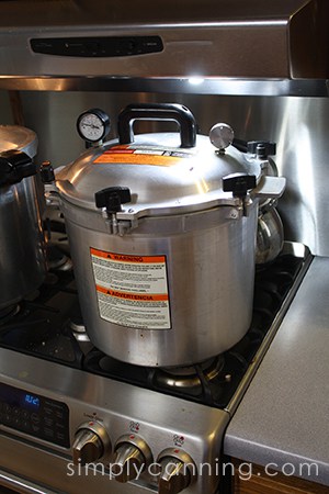All American pressure canner sitting on a gas range.