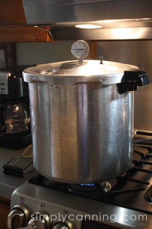 Presto pressure canner sitting on a gas range.