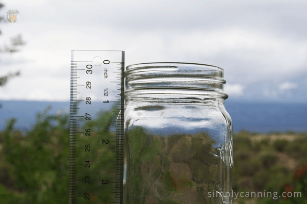 Ruler standing upright next to a glass canning jar to measure headspace.