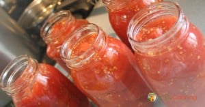 Looking down into quart canning jars filled with tomato solids and juices.