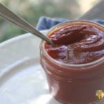 A spoon in a small canning jar filled with thick ketchup.