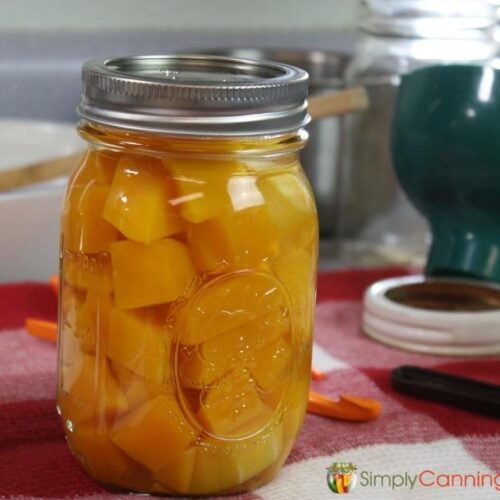 Pint jar of home canned butternut squash, sitting on a red checked towel with various canning tools in the background.