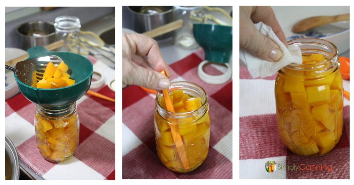 Collage of 3 images showing left to right, ladling squash into a jar, removing air bubbles with an orange peeler, wiping the rim of the jar clean.