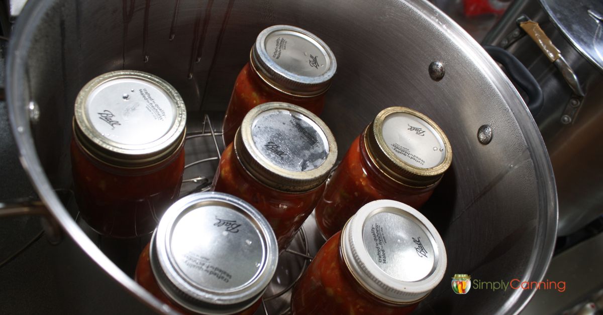 Jars of salsa in a steam canner.