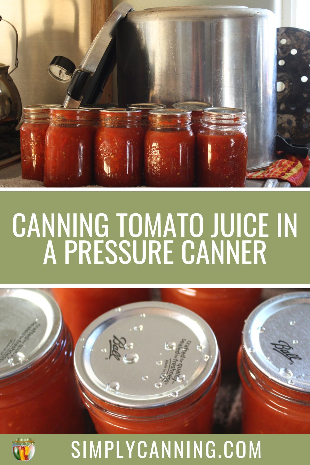 Pinterest image with tomato juice jars and a pressure canner at the top, close up of canning lids at the bottom and titled, canning tomato juice in a pressure canner. 