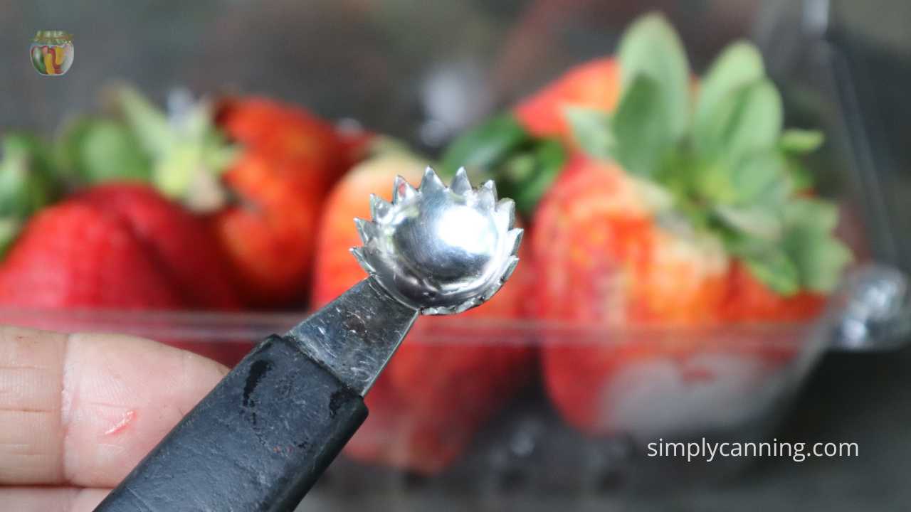 Close up of strawberry corer tool.