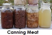Close up of jars of home canned meat and broth, links to the index page for canning meat. 