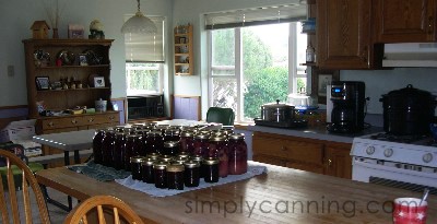 A clean kitchen with lots of filled canning jars gathered neatly on the countertop.