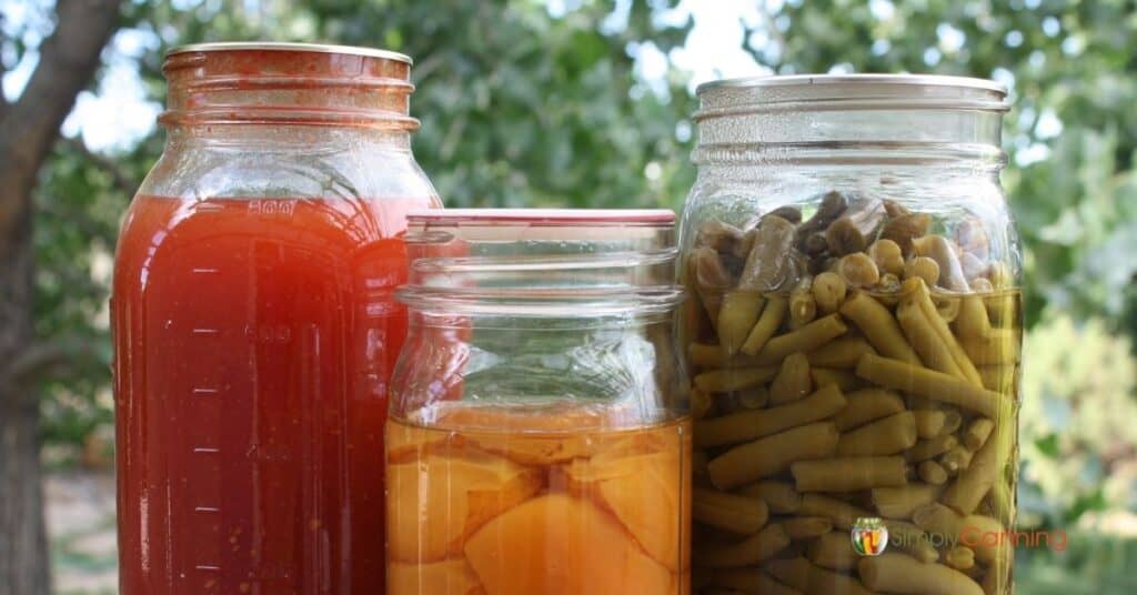 Jars of home canned food that have had siphoning and liquid loss during processing.