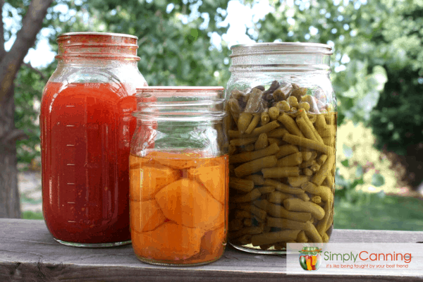 Canned tomatoes, fruit, and beans sitting in jars.