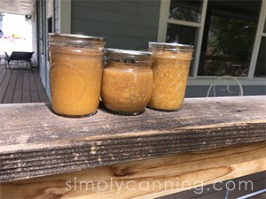 Jars of slightly discolored low sugar jam lined up next to each other outside.