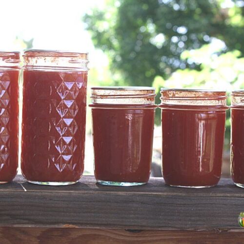 half pint jars of tomato juice lined up on the deck railing.