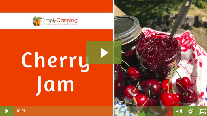 A jar of deep red cherry jam with fresh cherries to the side linking to the member lesson.