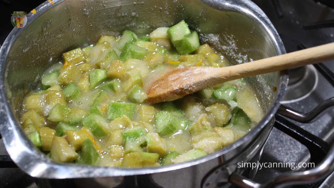 orange juice, diced rhubarb, and zest combined in a saucepan